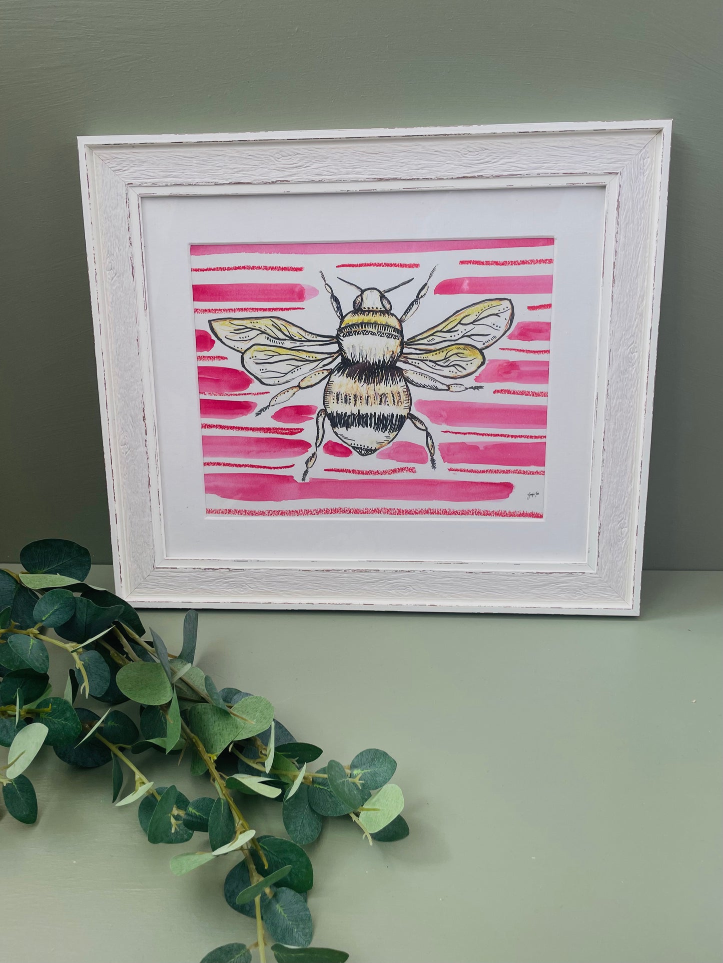 Framed Bee Print with Pink Hand Painted Watercolour Pink Background