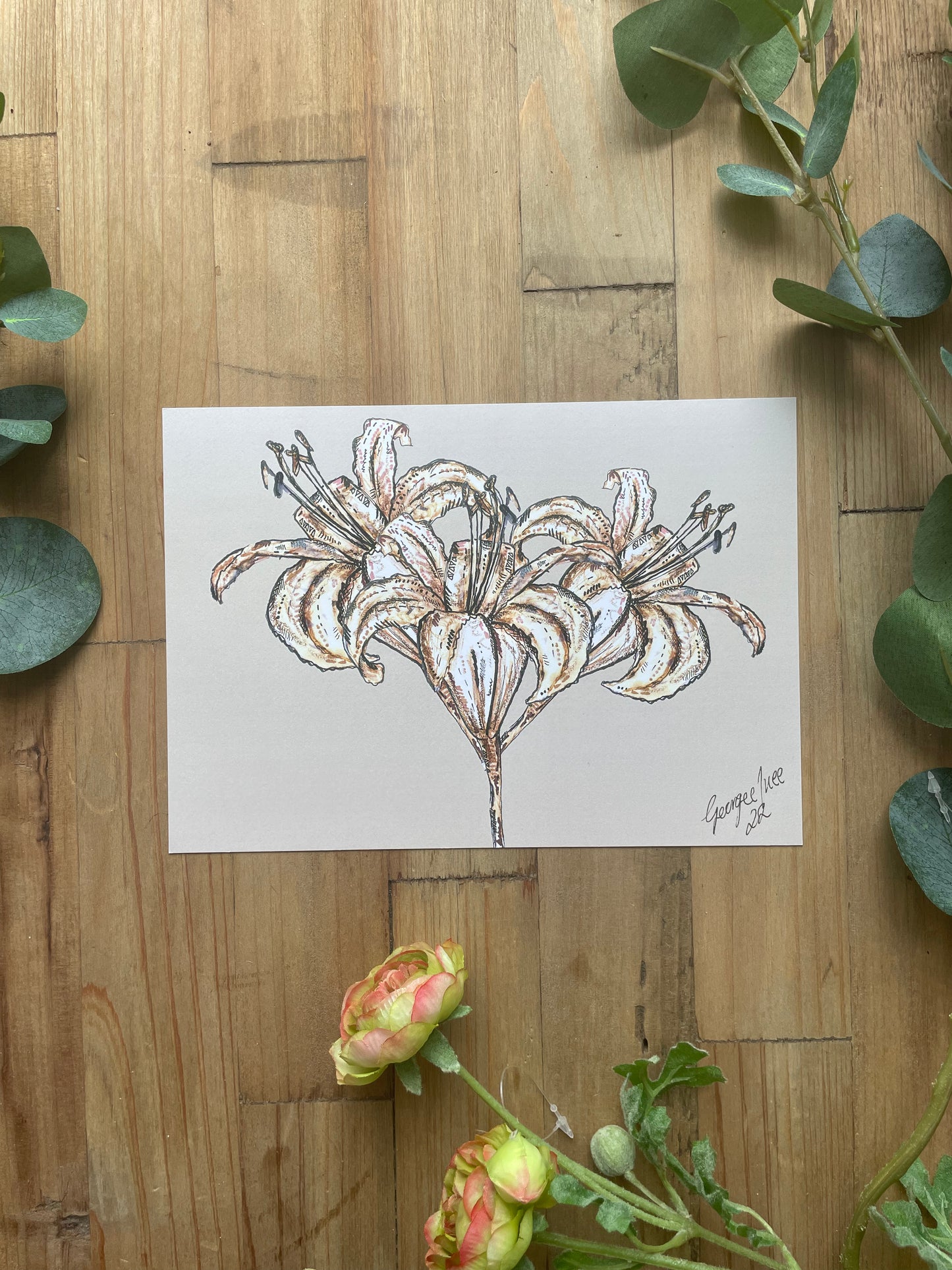 Framed Lily Print with Beige Background