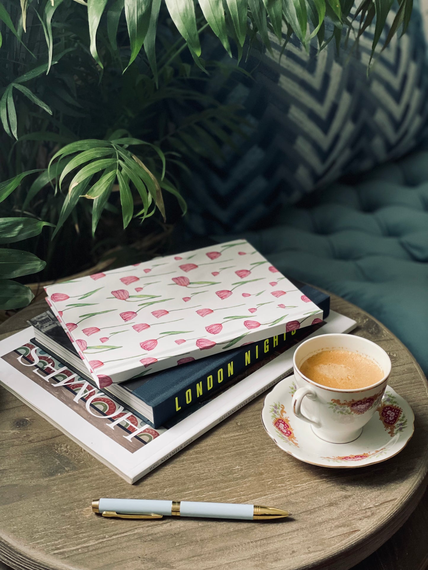 Premium hardback pink tulip notebook designed in the UK