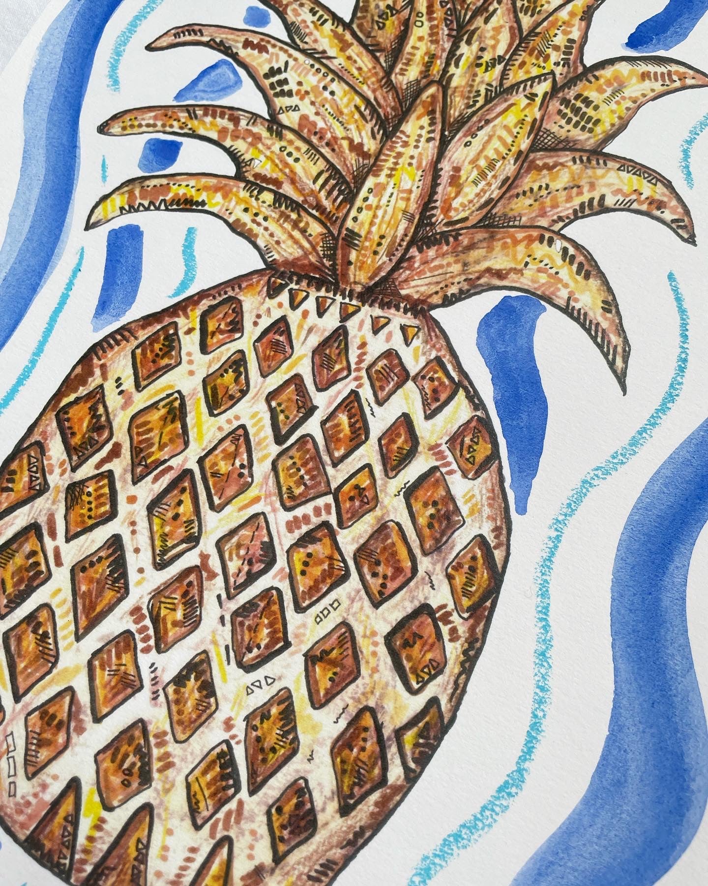 A pineapple print (A4) with blue hand painted watercolour and oil pastel background. 