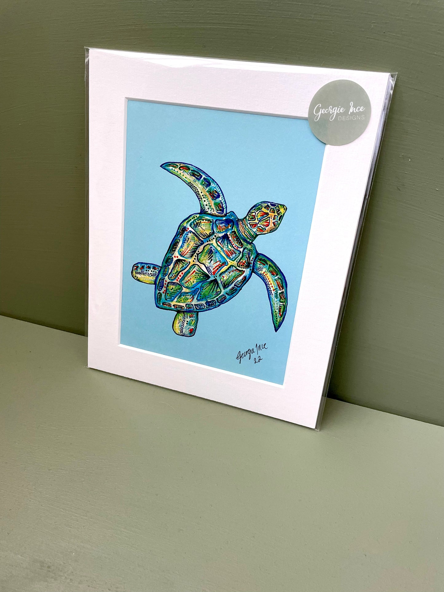 Soft blue turtle art print (A5)