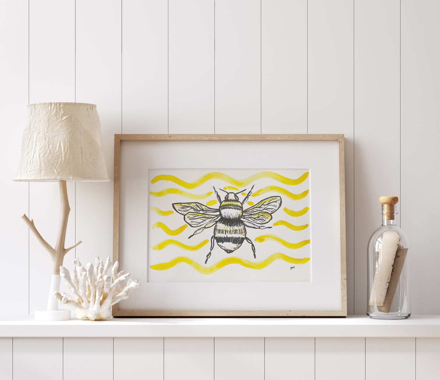 Bee Art Print with Hand Painted Yellow Background