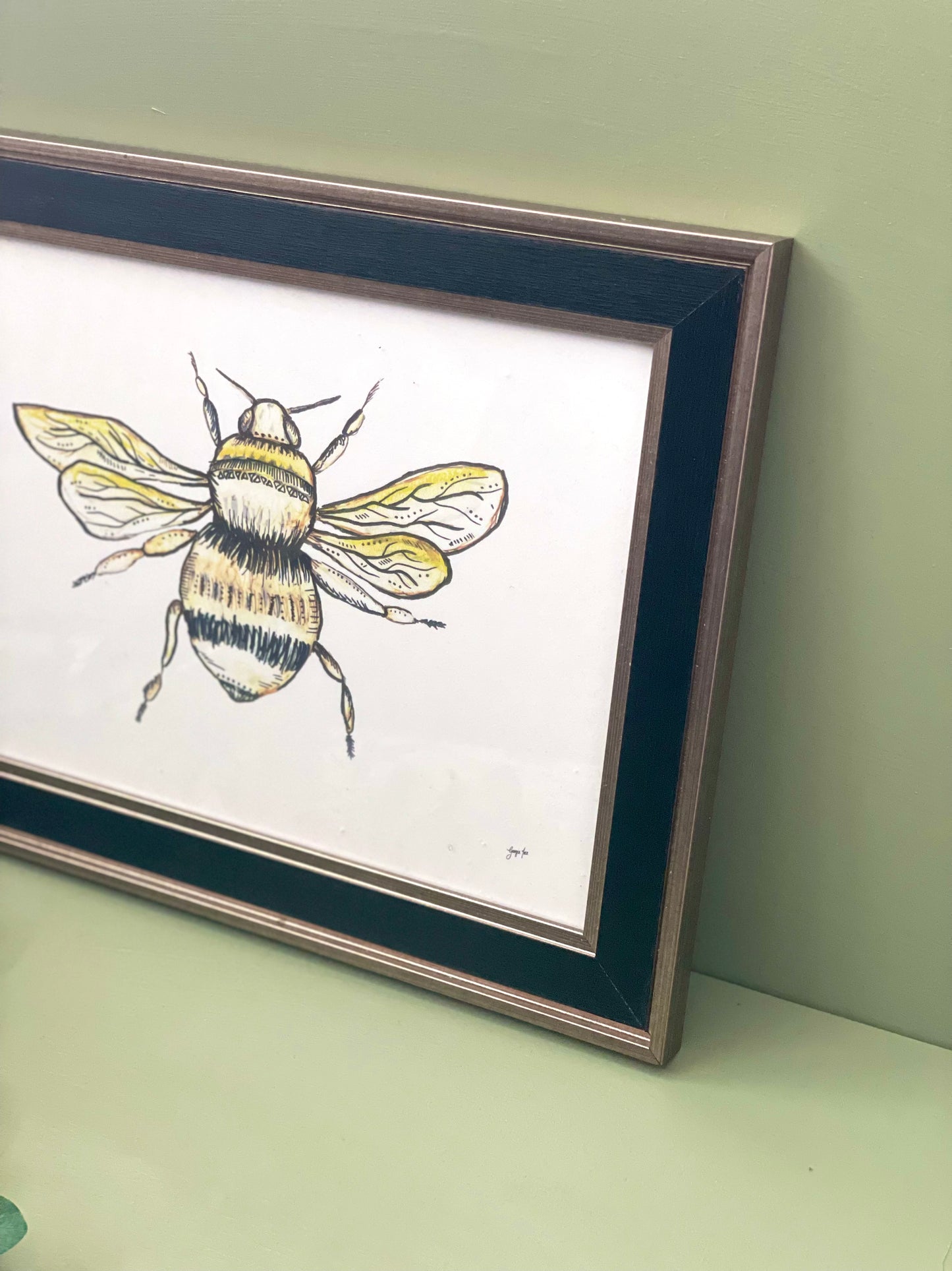 Simple Bee Art Print in Black and Gold Frame