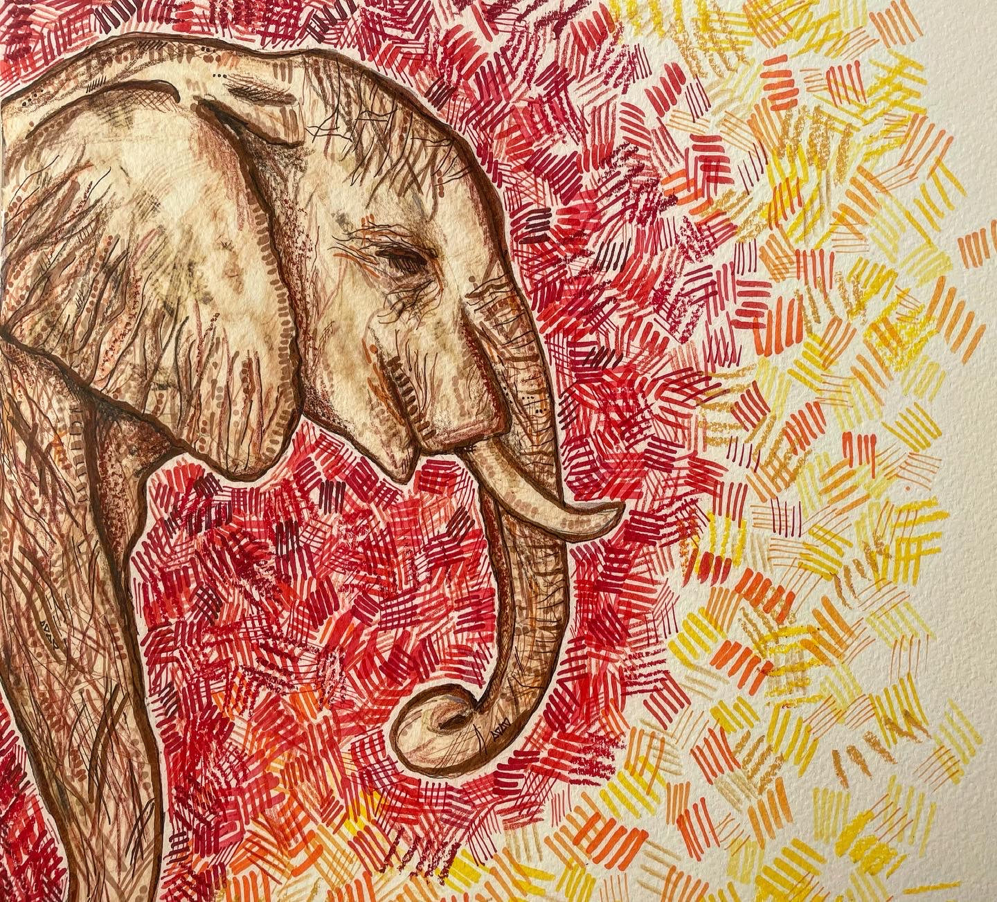 An original elephant ink and bleach drawing with a red, yellow and orange background.