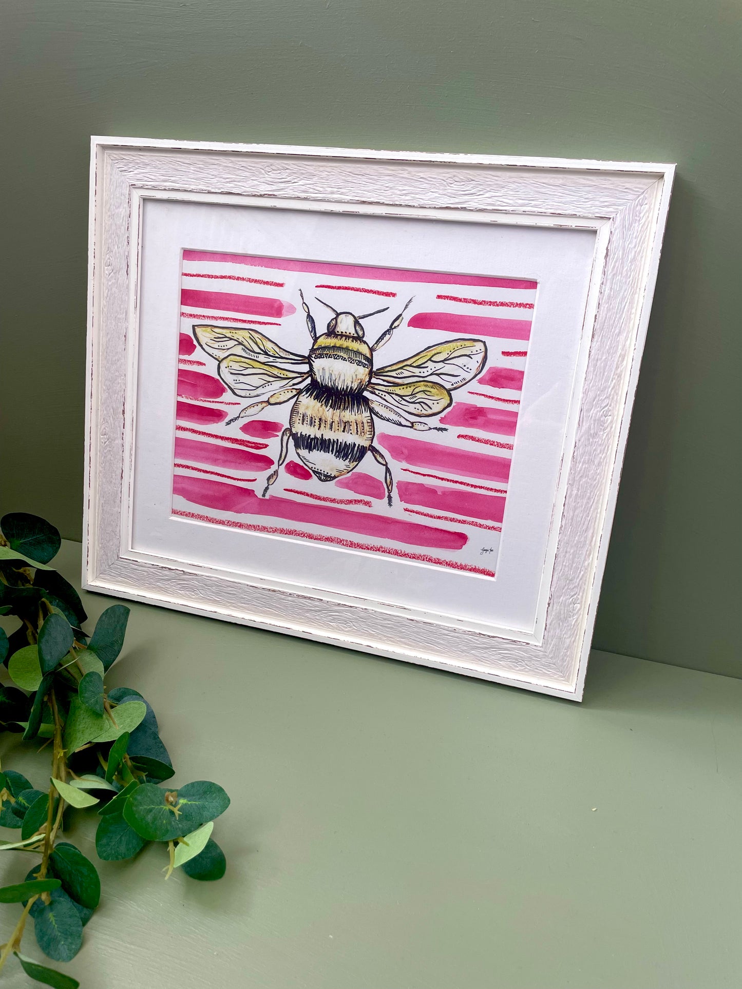 Framed Bee Print with Pink Hand Painted Watercolour Pink Background