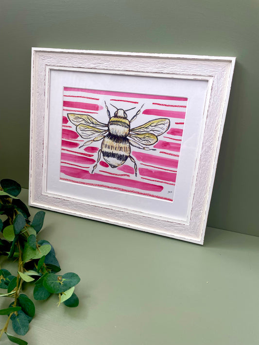 Framed Bee Print with Pink Hand Painted Watercolour Pink Background