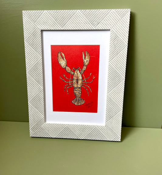 Framed Red Lobster Print in Grey Chevron Frame