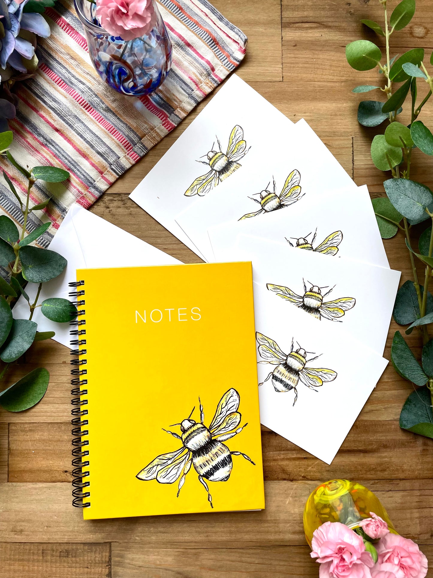 Bumble bee stationary set gift set with bee cards and yellow notebook