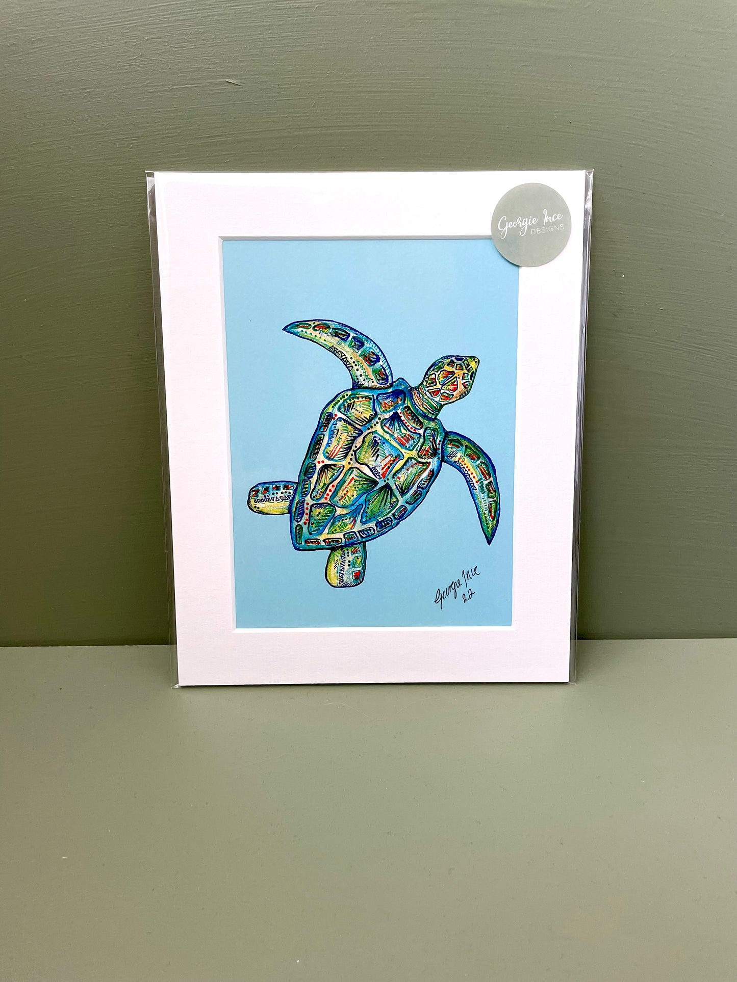 Soft blue turtle art print (A5)