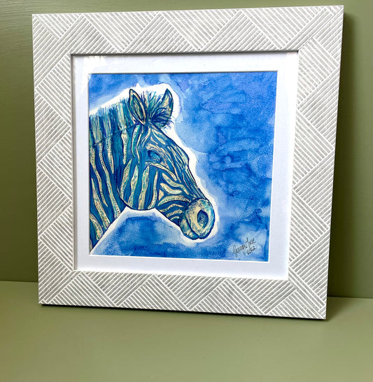 Original Blue Zebra painting in grey chevron frame