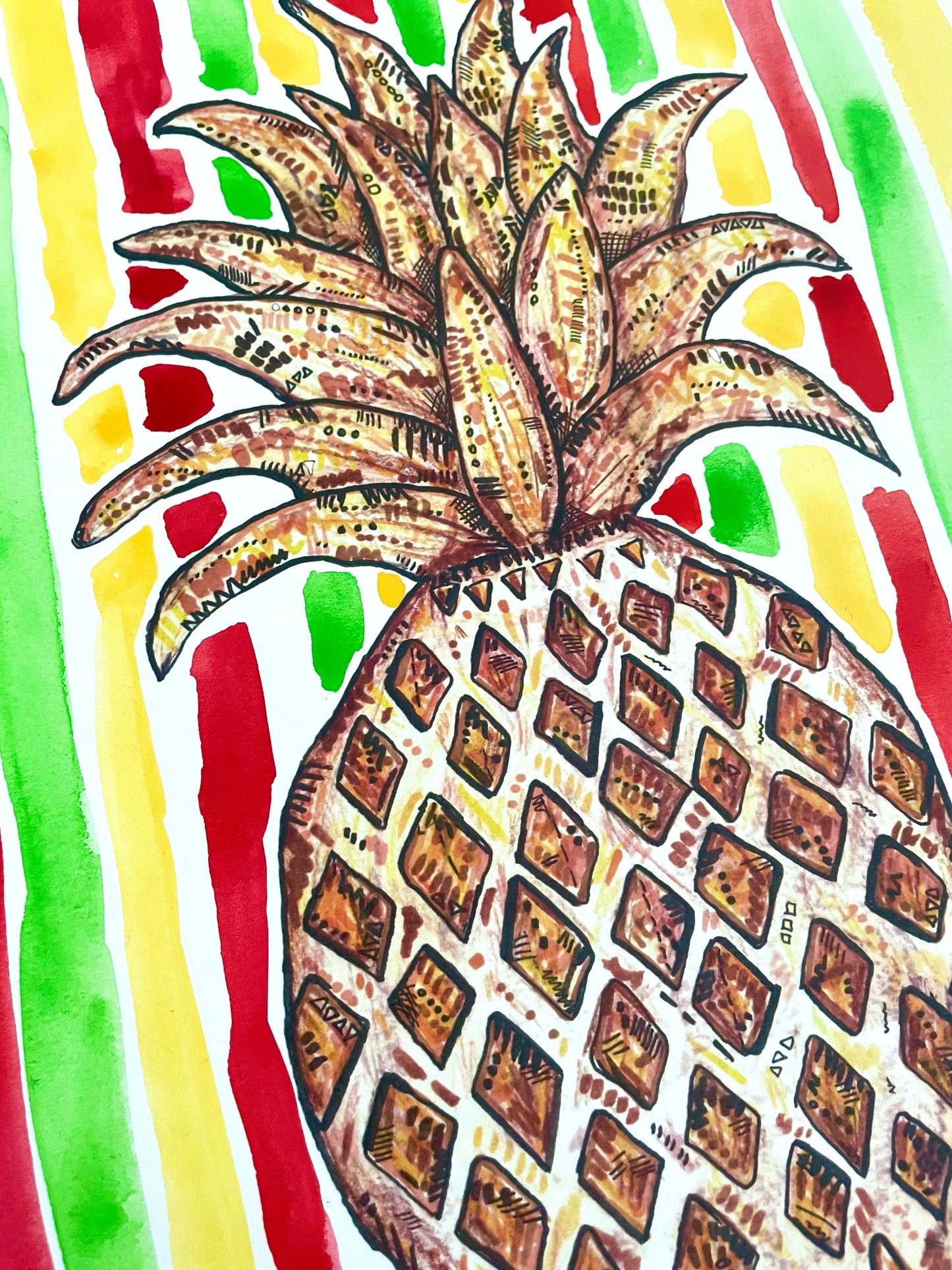 A pineapple print (A4) with yellow, red and black hand painted watercolour background. 