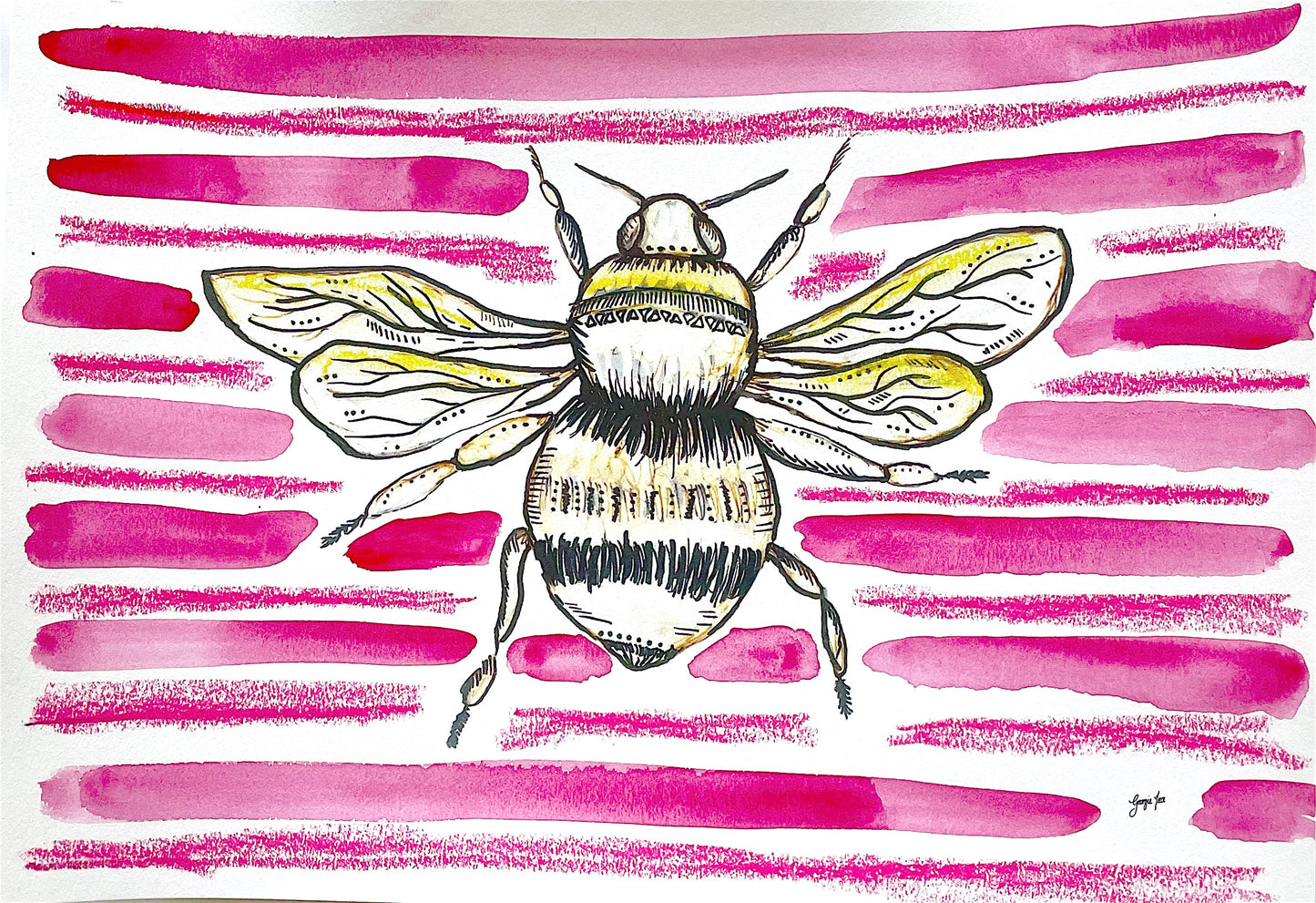 Bumble Bee Art, Pink Bee Fine Art Print, Bee Drawing