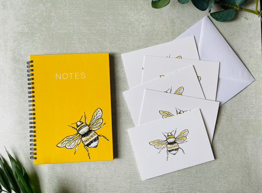 Bumble bee stationary set gift set with bee cards and yellow notebook