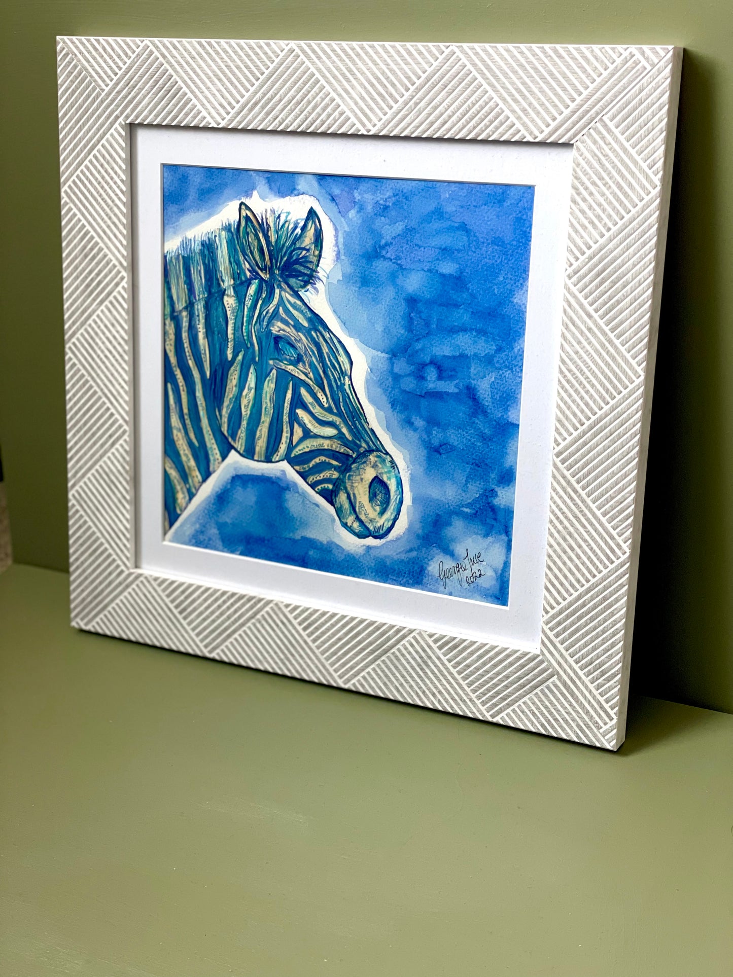 Original Blue Zebra painting in grey chevron frame