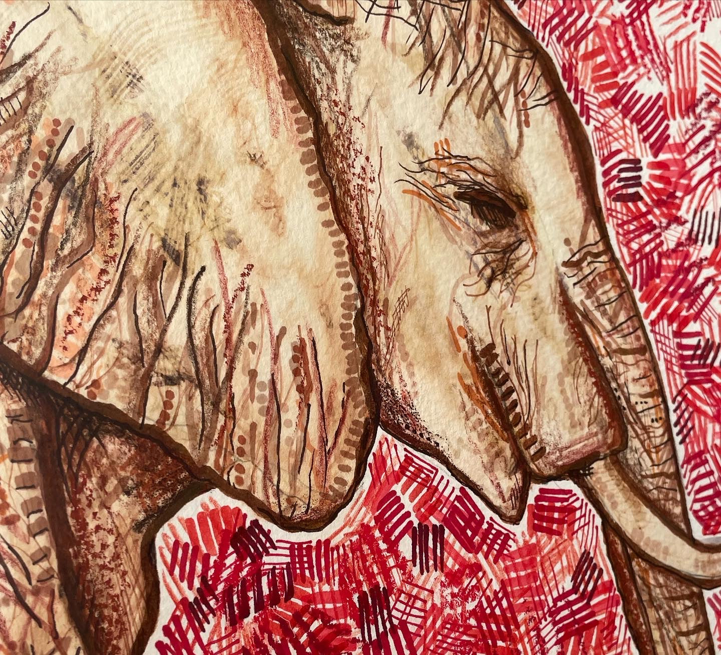 An original elephant ink and bleach drawing with a red, yellow and orange background.