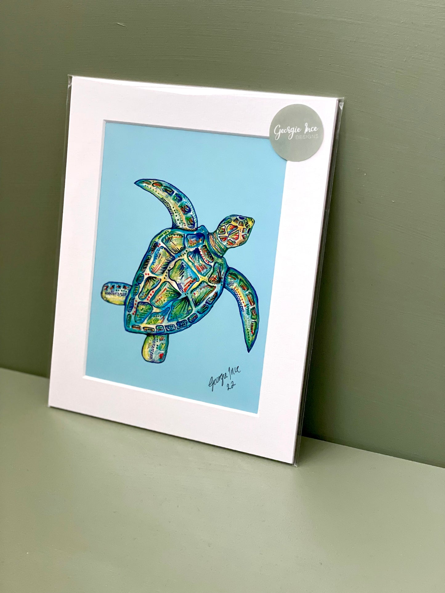 Soft blue turtle art print (A5)