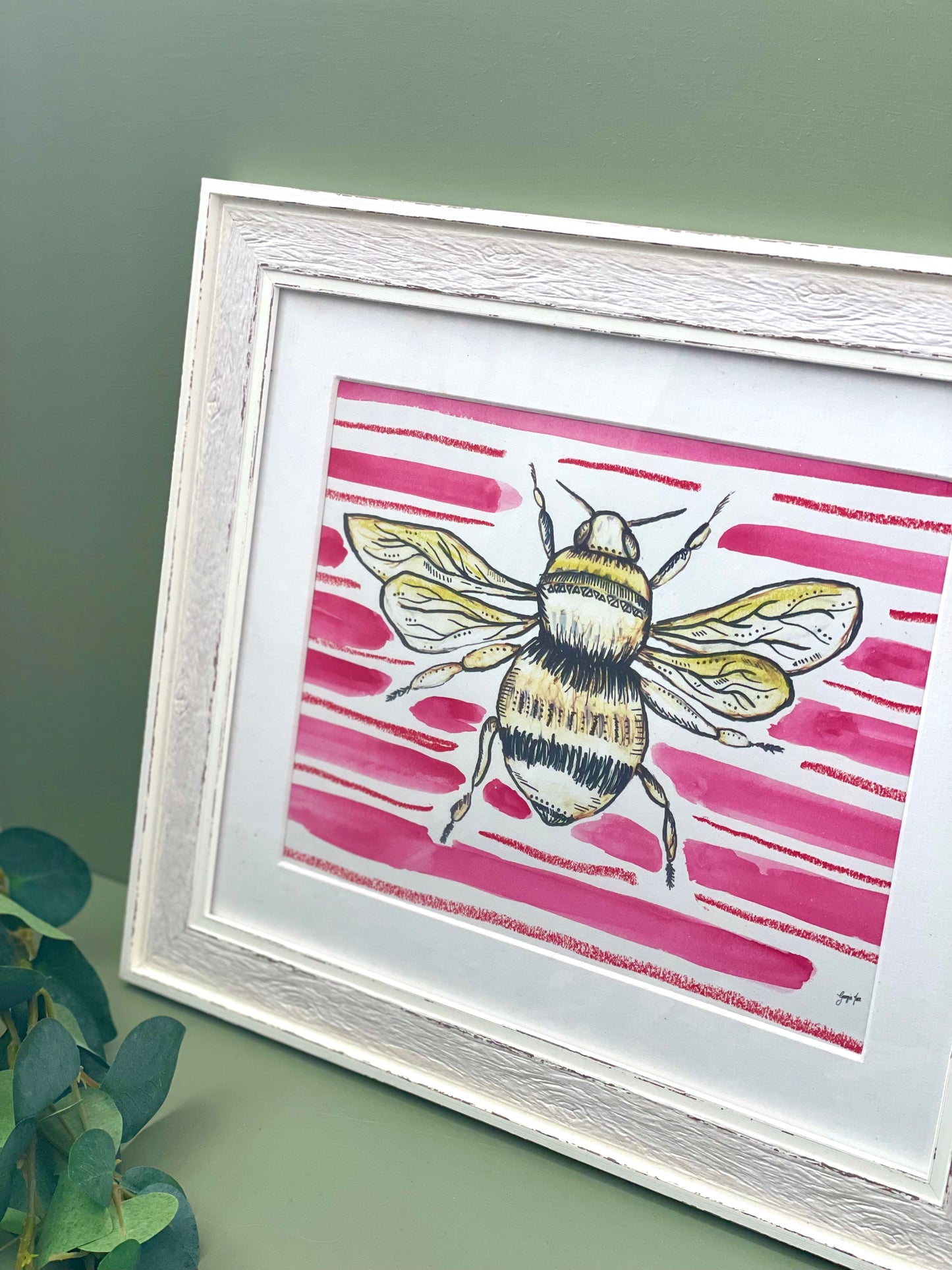 Framed Bee Print with Pink Hand Painted Watercolour Pink Background