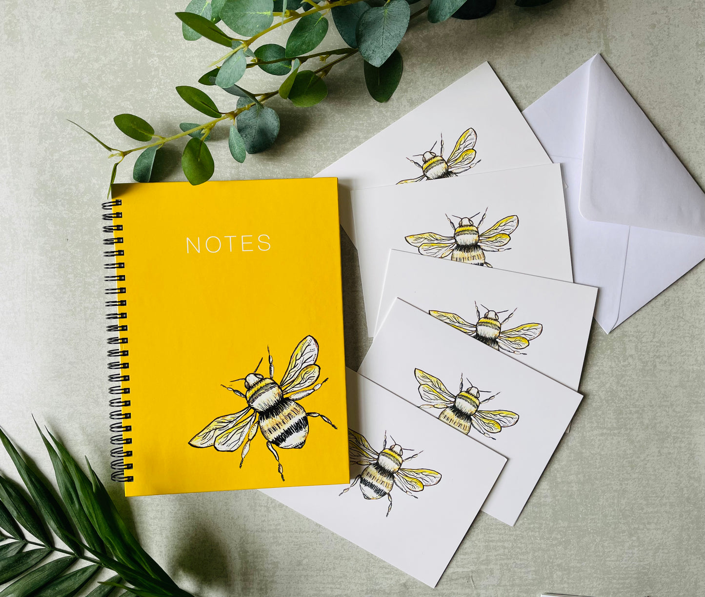 Bumble bee stationary set gift set with bee cards and yellow notebook