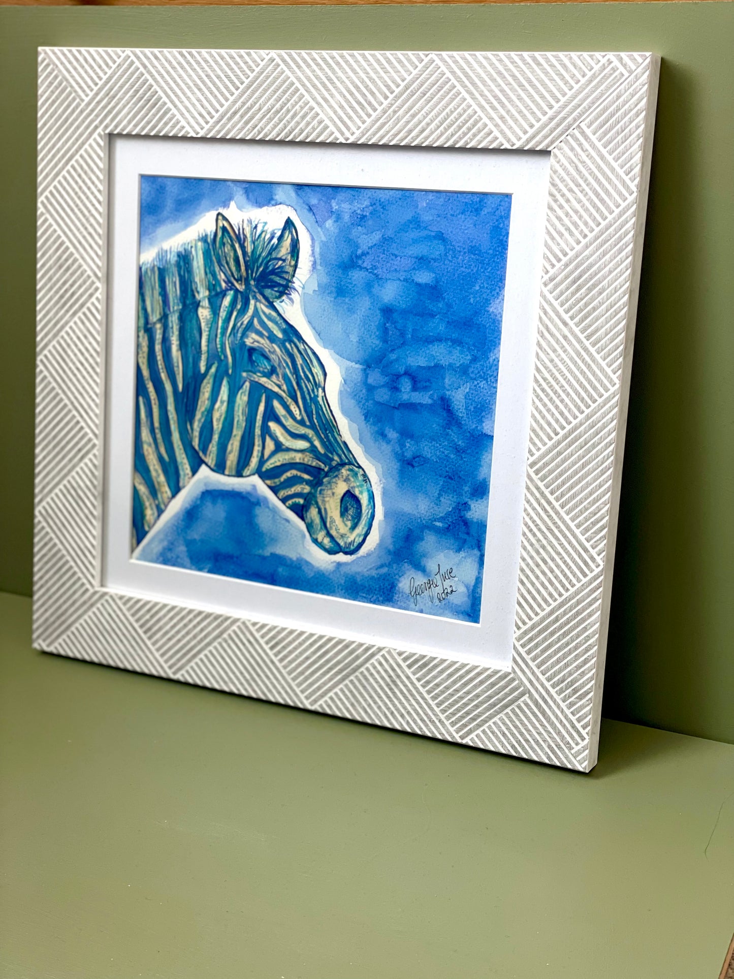 Original Blue Zebra painting in grey chevron frame