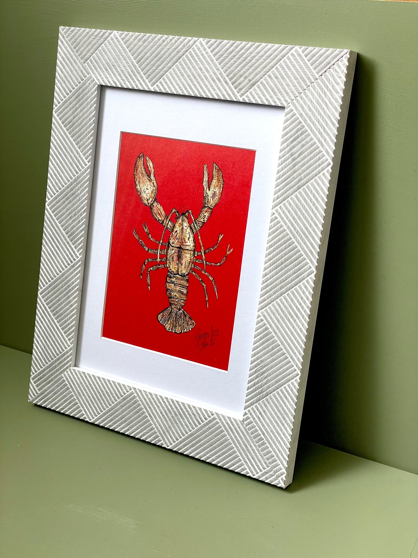 Framed Red Lobster Print in Grey Chevron Frame