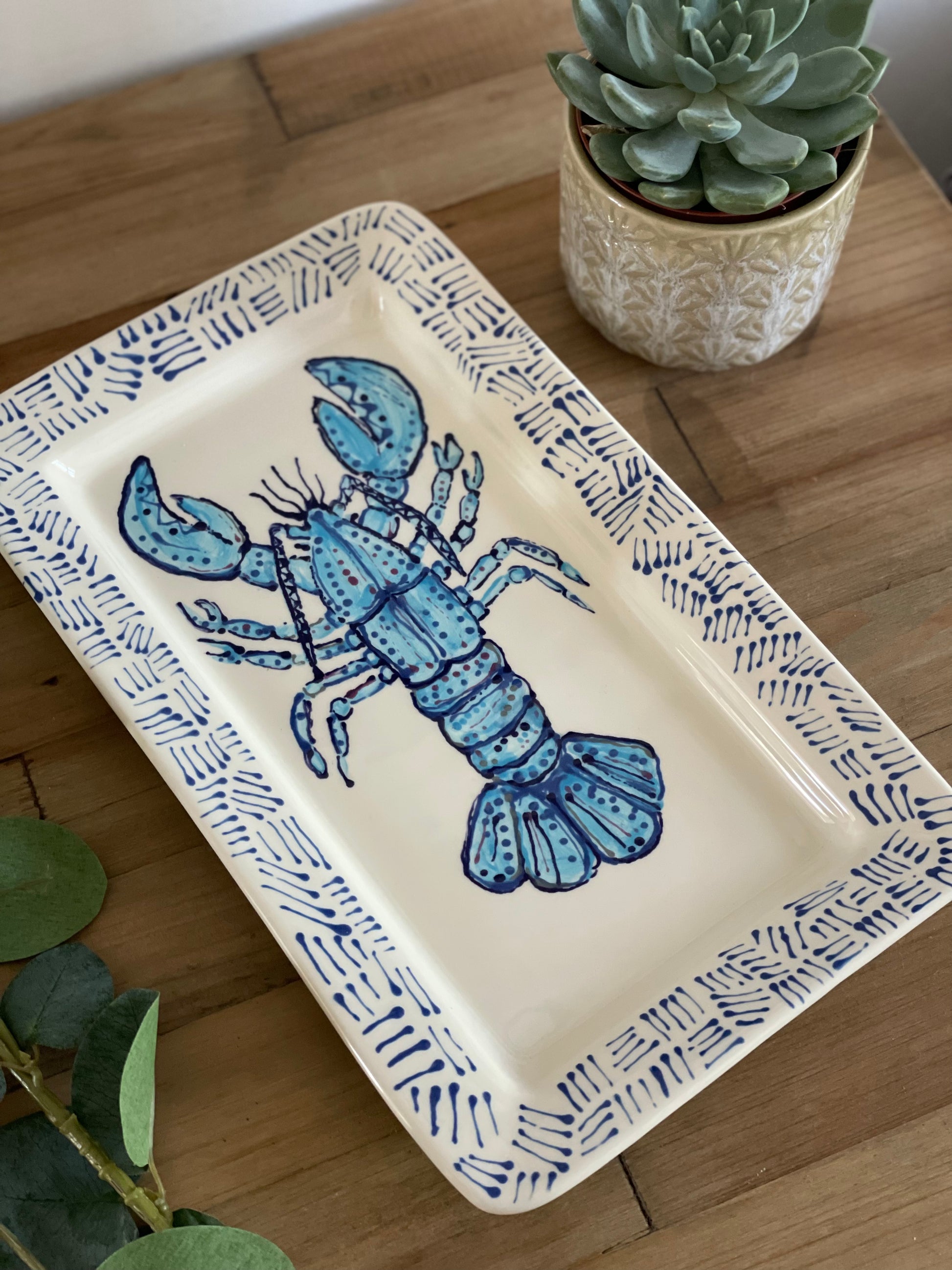 Blue hand painted lobster platter