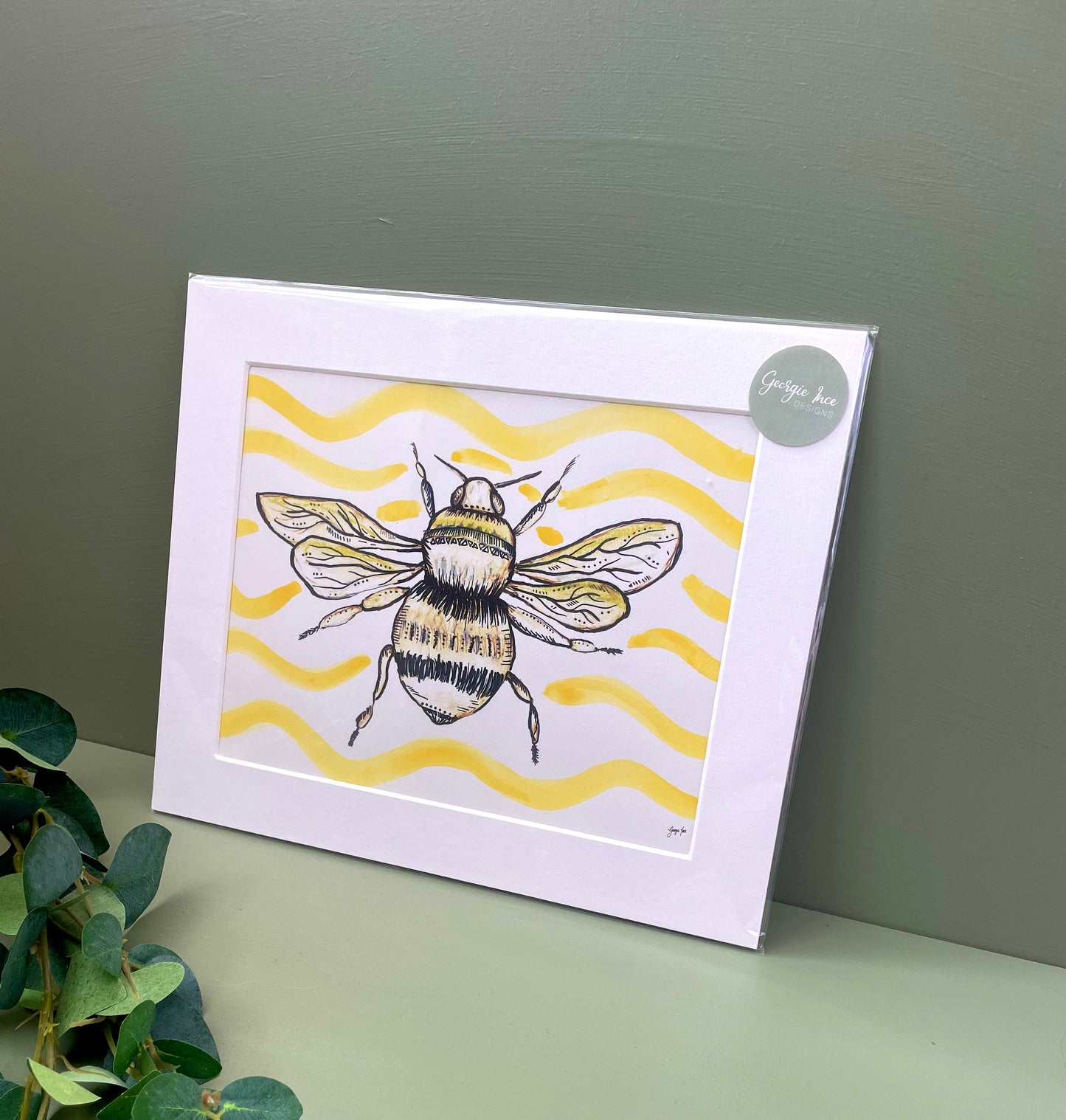 Bee Art Print with Hand Painted Yellow Background