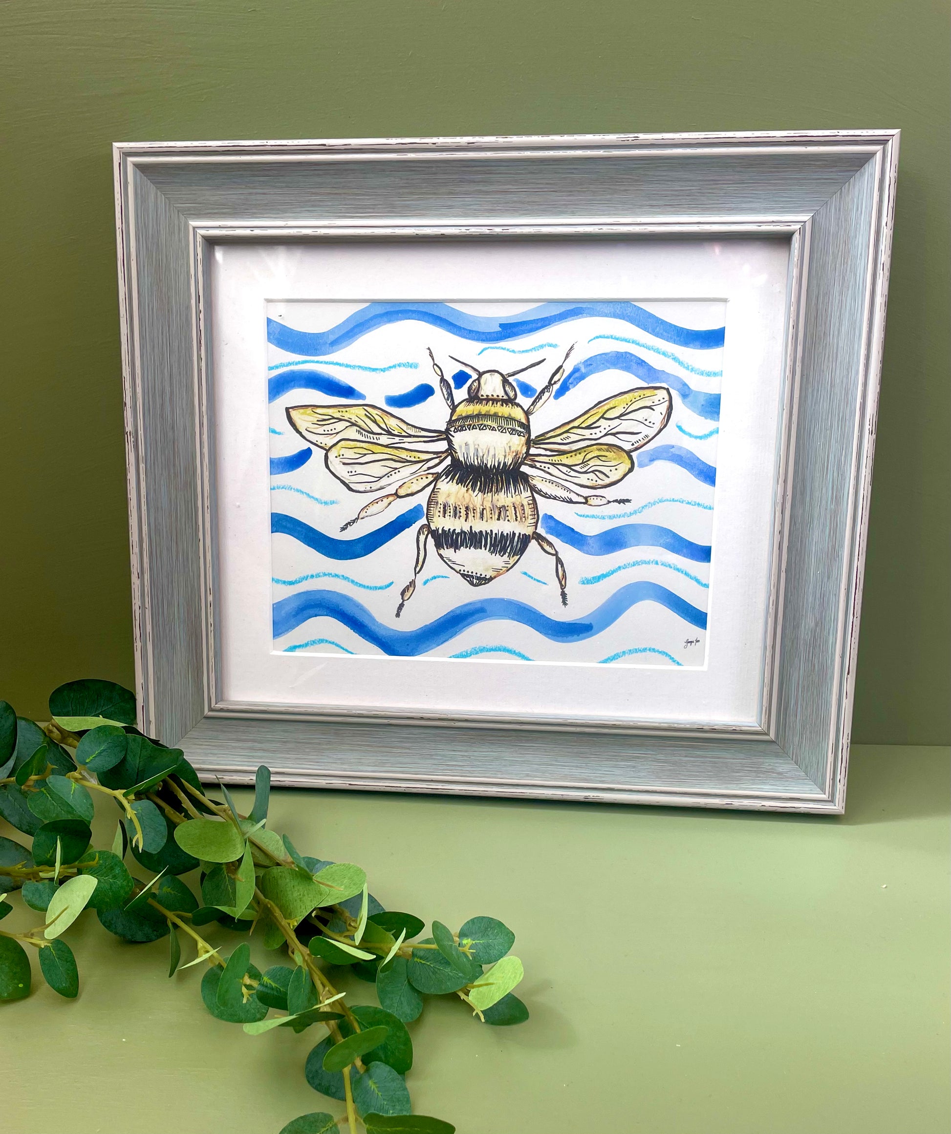 Bumble Bee Art, Blue Bee Fine Art Print, Bee Drawing