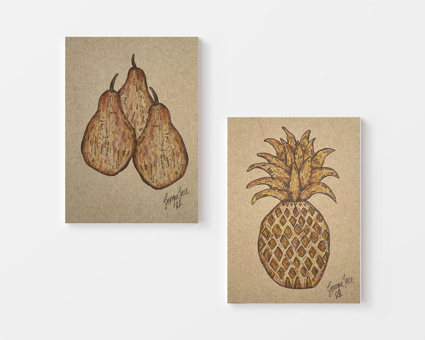 Two A5 pear and pineapple prints on thick brown card. 