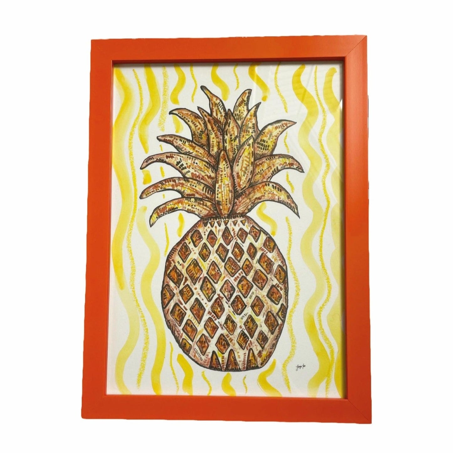 Framed pineapple print with orange frame and yellow watercolour background