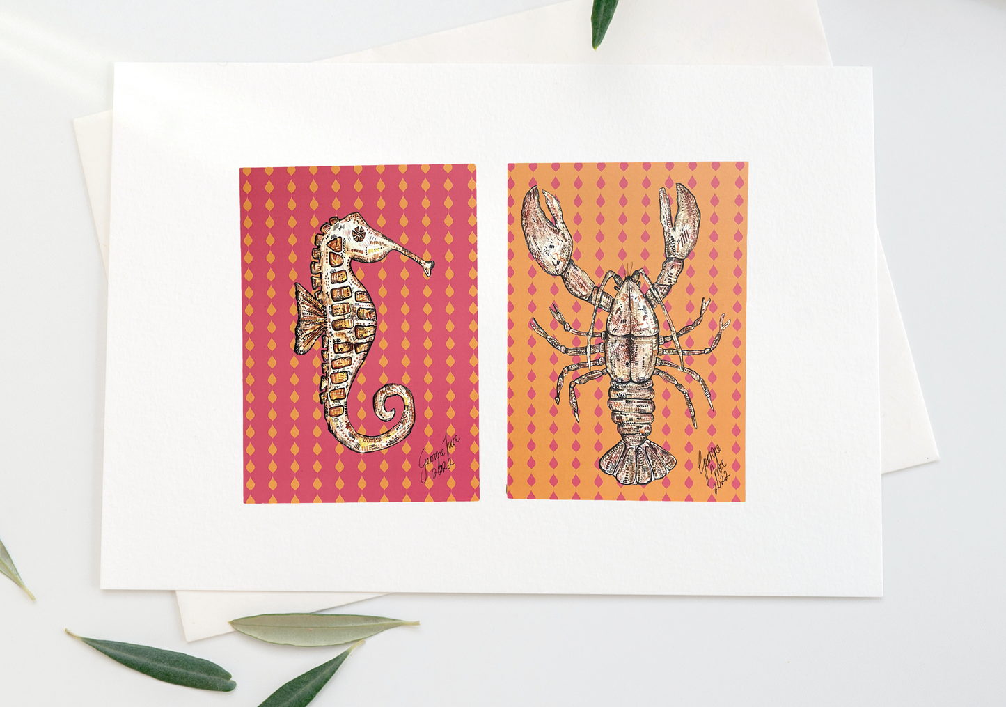 Framed Lobster & Seahorse Art Print Pair