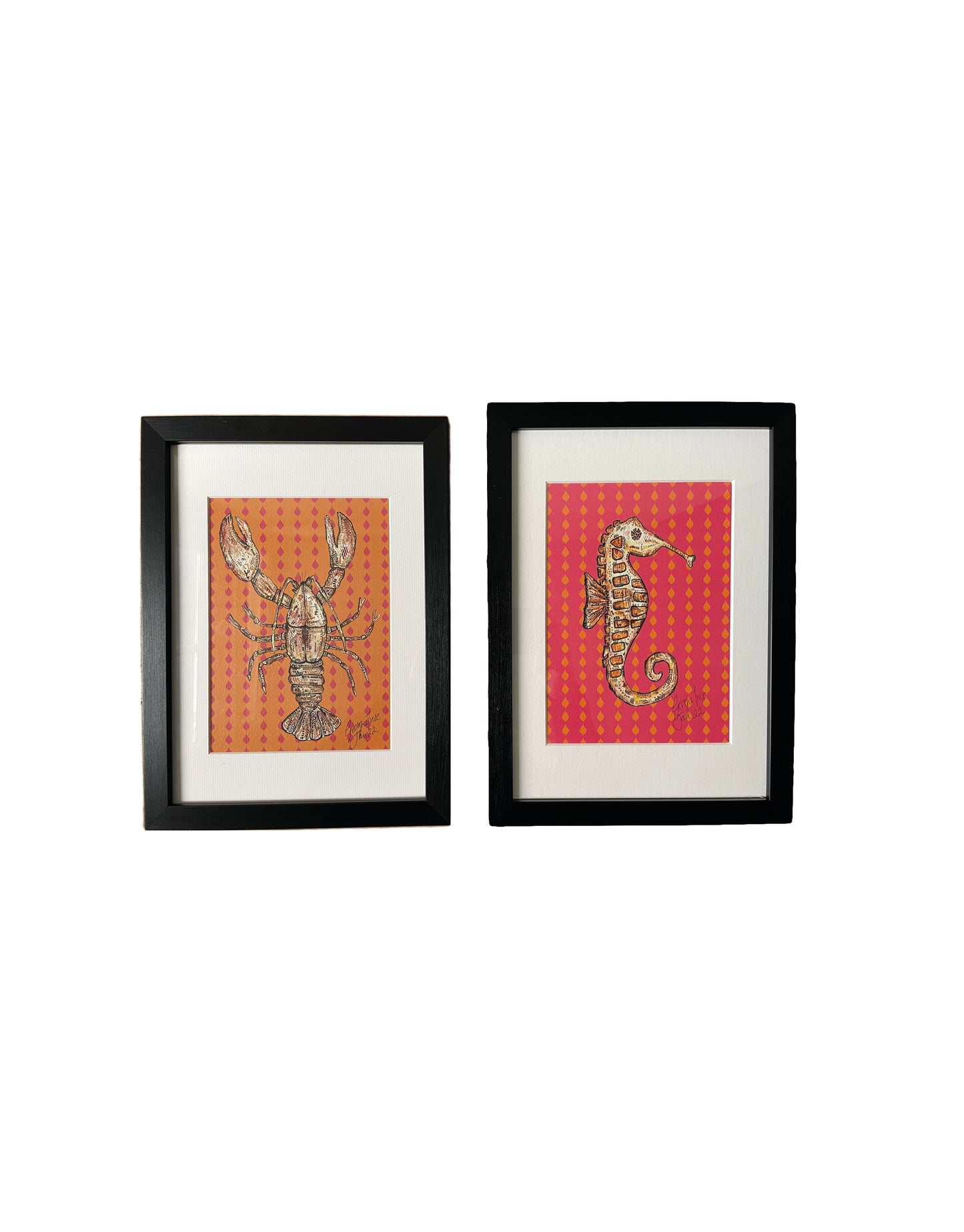 Framed orange lobster & pink seahorse print