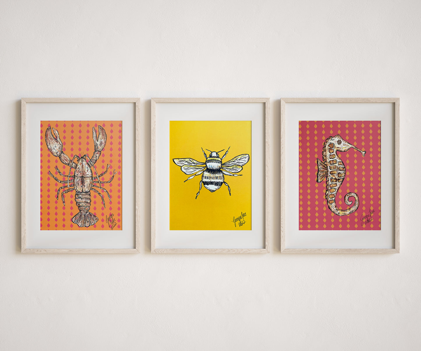 Set of three prints | Seahorse, Bee and Lobster A5 prints