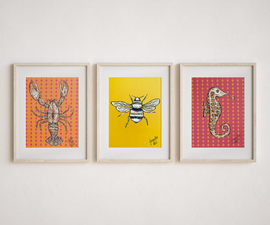 Set of three prints | Seahorse, Bee and Lobster A5 prints