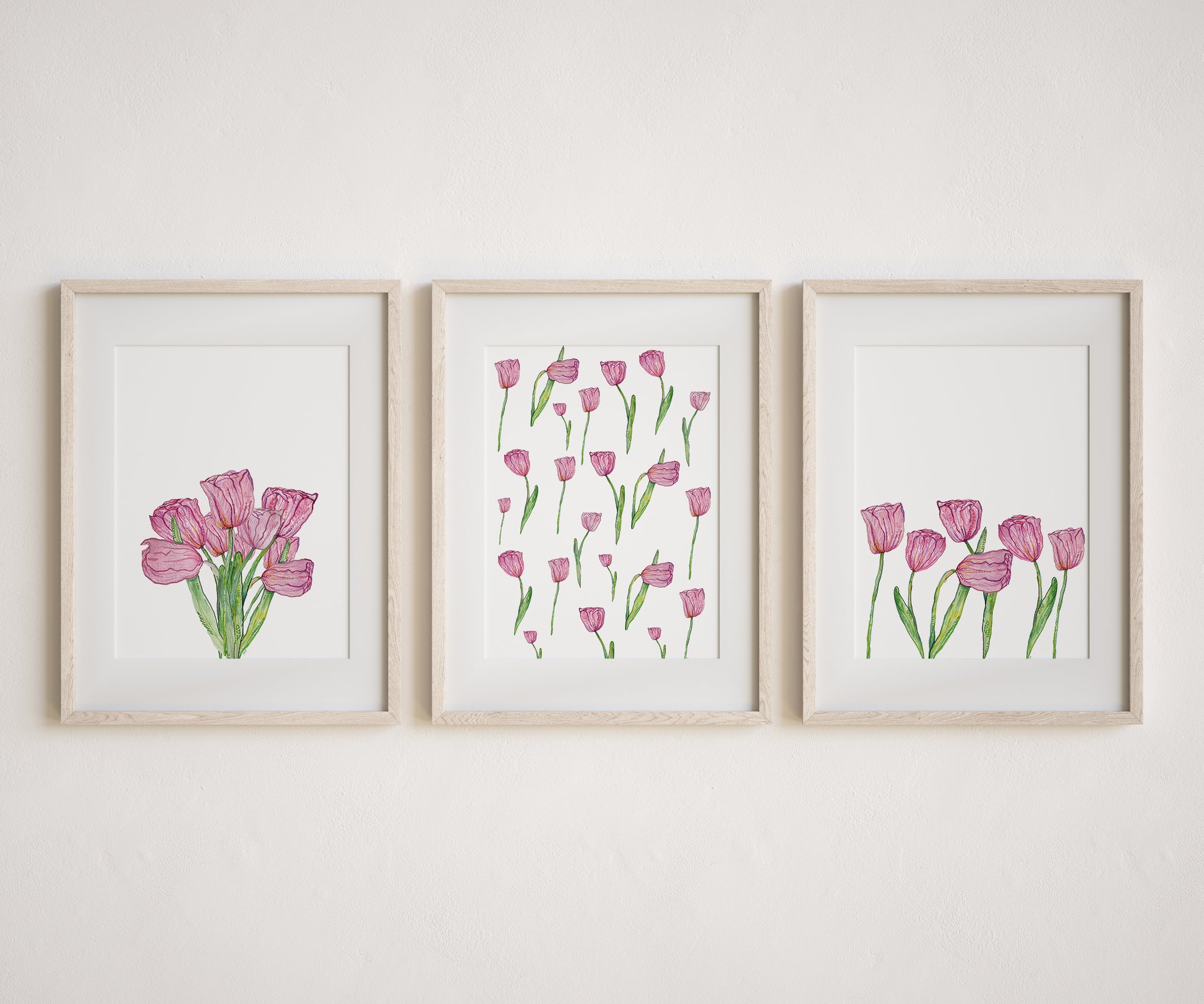 A limited edition set of three watercolour pink tulips.