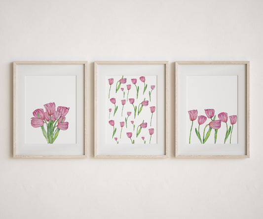 A limited edition set of three watercolour pink tulips.