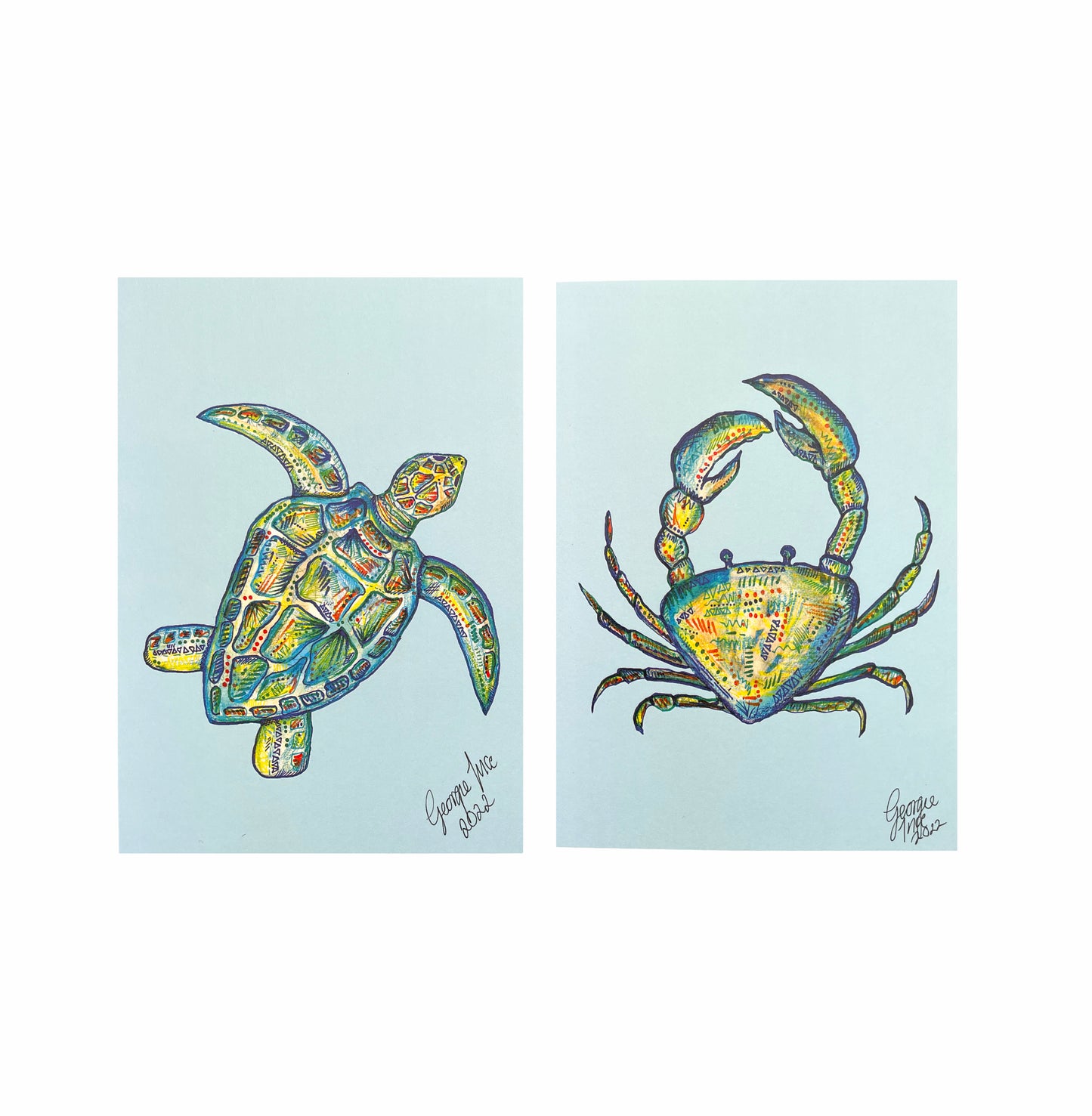 blue turtle and crab prints (A5)