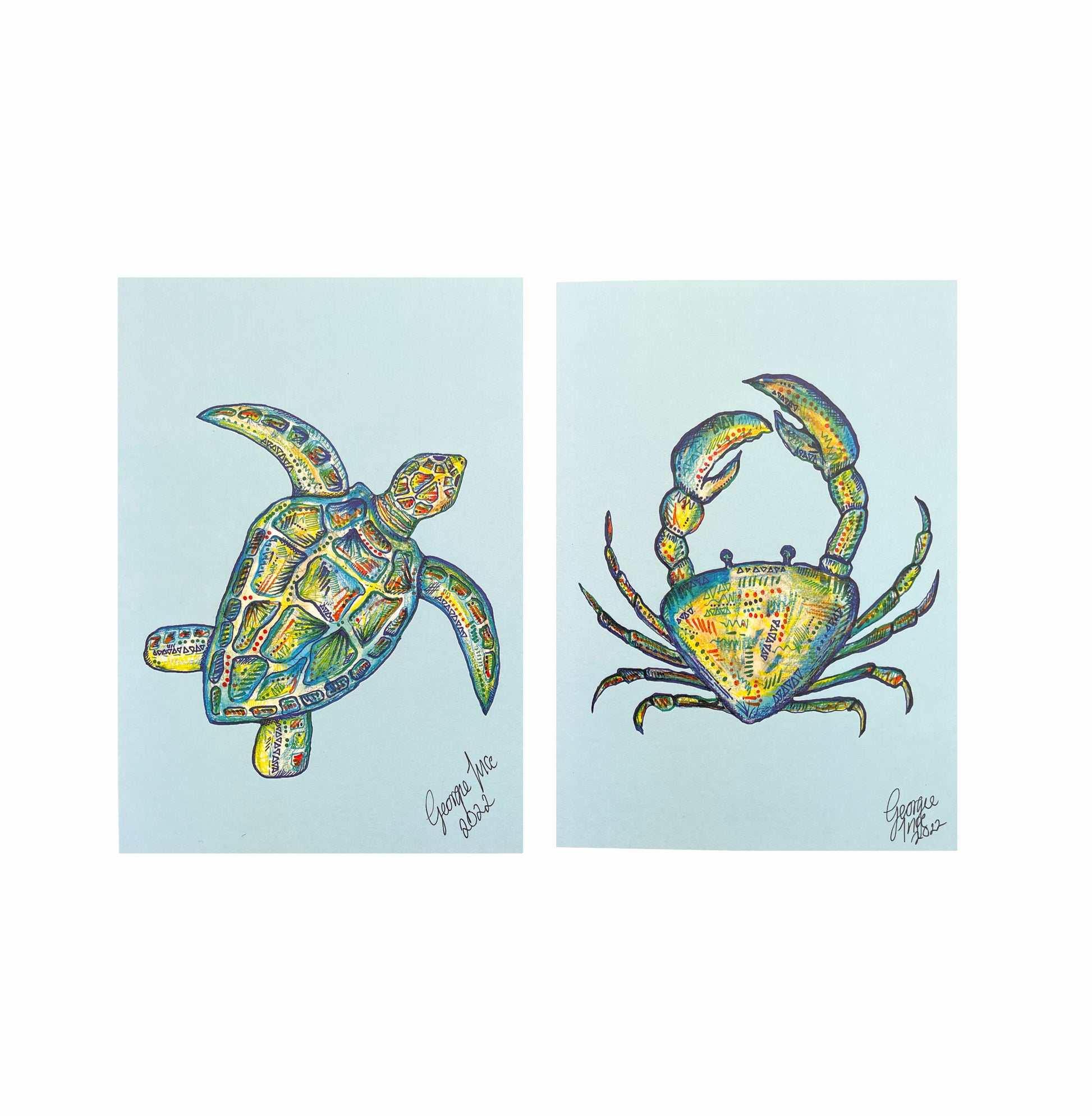 blue turtle and crab prints (A5)