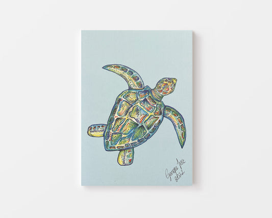 Soft blue turtle art print for coastal interiors